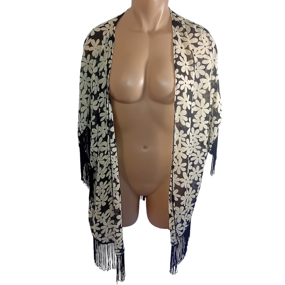 Y2K UK2LA Floral Fringe Kimono CoverUp Light Festival Beach Boho Cottage  S READ